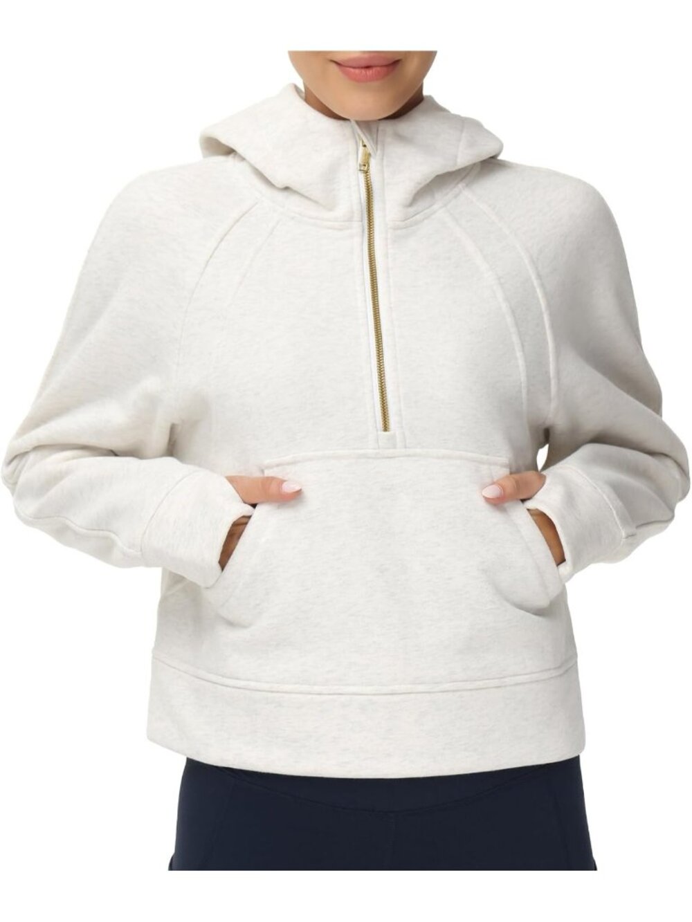 Women's Off-White Fleece Lined Half Zip Thumb Hole Cropped Pullover Sweatshirt